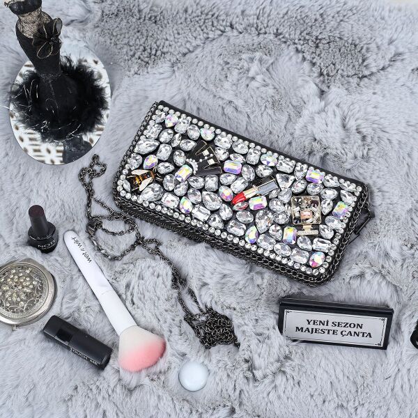 Ççs London Büyük Boy Siyah Taşlı Cüzdan