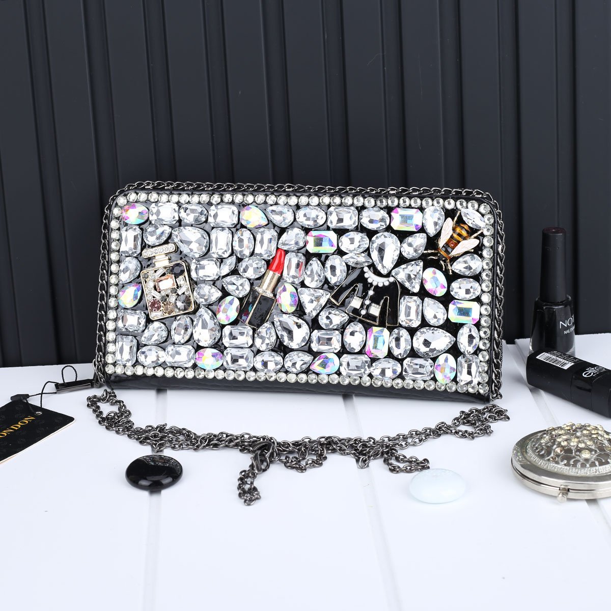 Ççs London Büyük Boy Siyah Taşlı Cüzdan