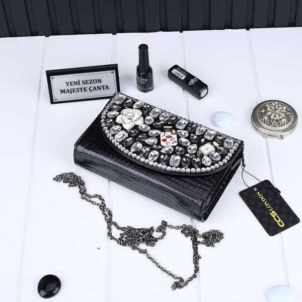 Ççs London Siyah Zincirli Taşlı Cüzdan