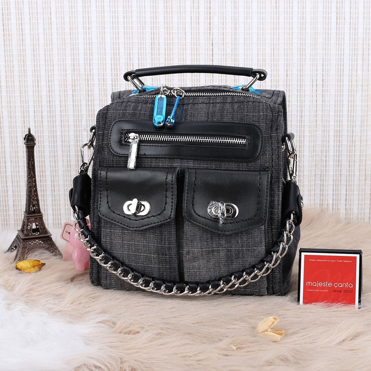 Matthew Cox Hem Sırt Hem Yandan Asmalı Siyah Kot Çanta