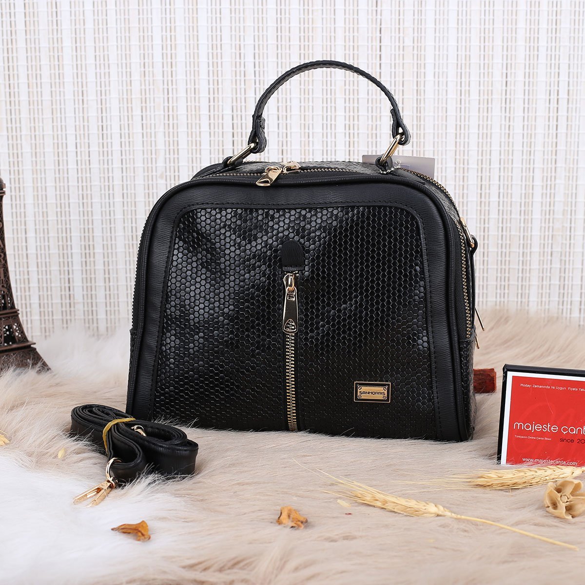 Sanmorris Siyah Parlak Deri Günlük Kadın Çanta