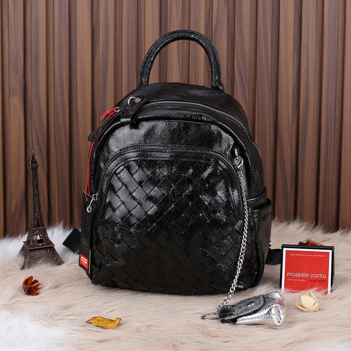 Ççs London Siyah Parlak Deri Sırt Çantası