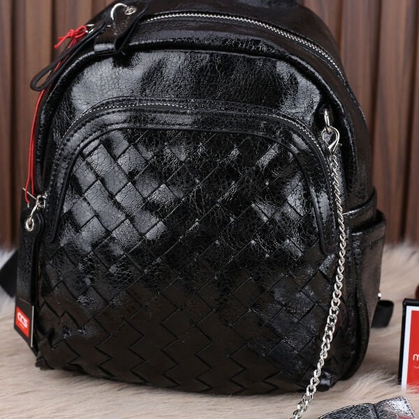 Ççs London Siyah Parlak Deri Sırt Çantası