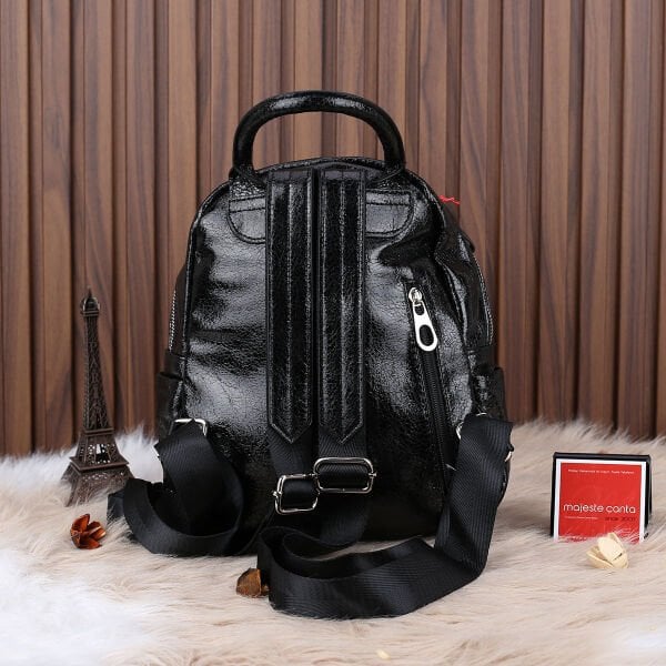 Ççs London Siyah Parlak Deri Sırt Çantası