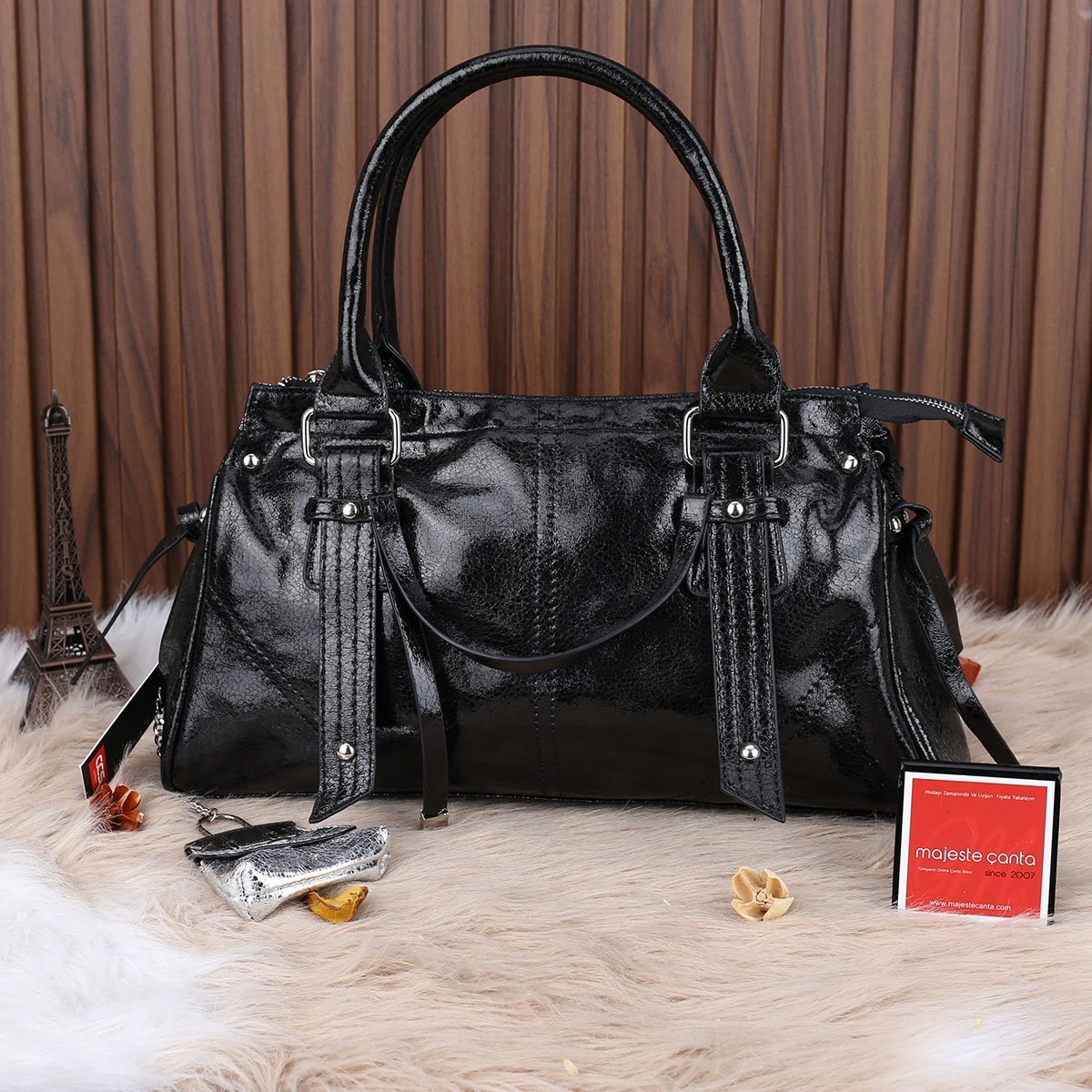 Ççs London Siyah Parlak Deri Kadın Çantası