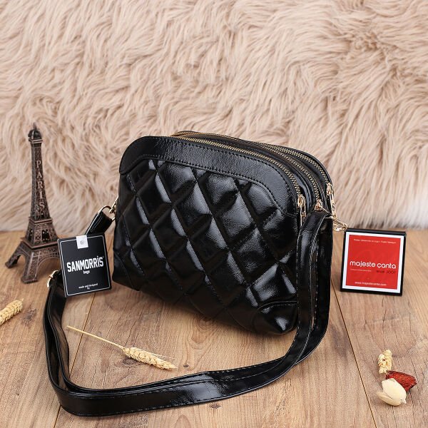 Sanmorris Üç Gözlü Siyah Rugan Yandan Asmalı Çanta