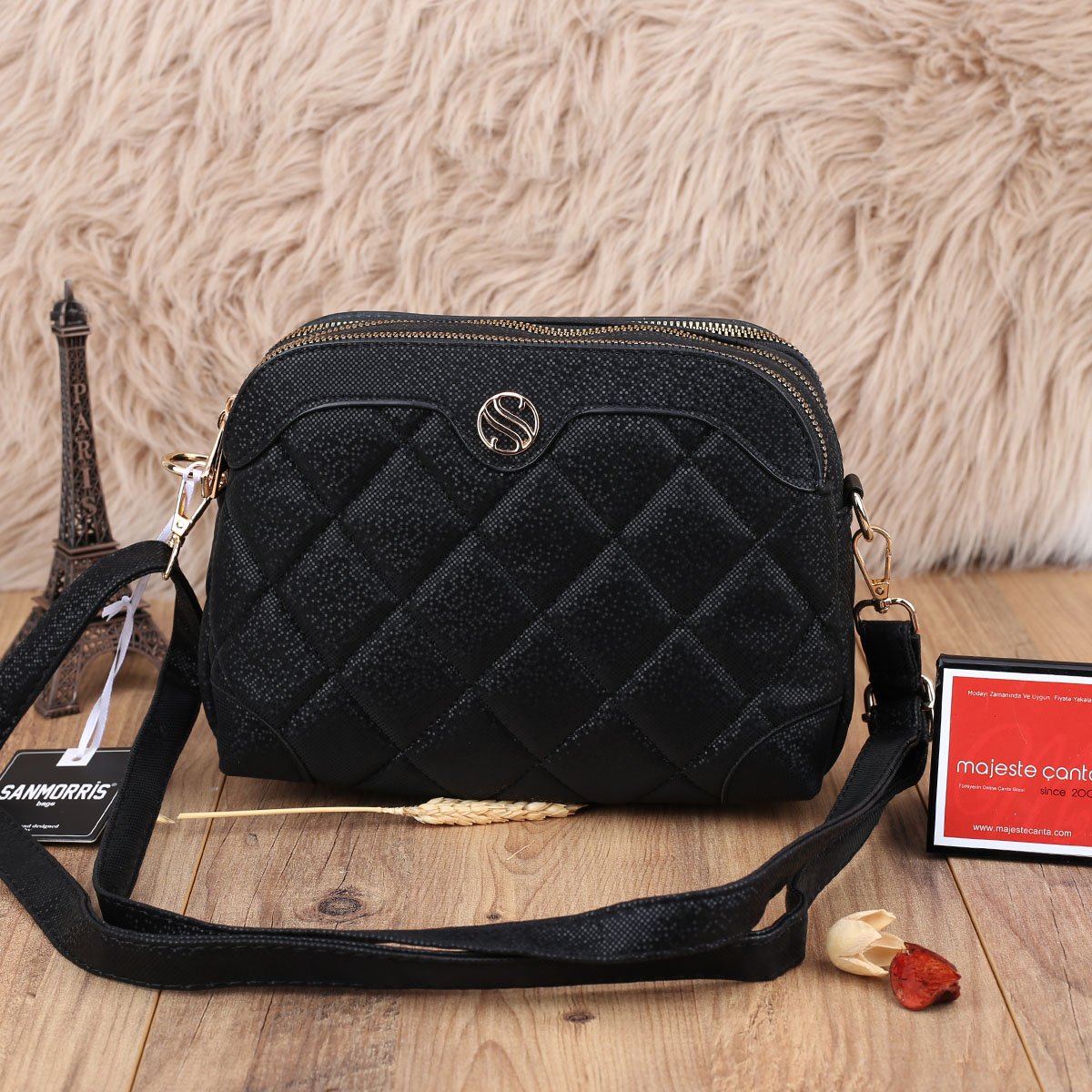 Sanmorris Üç Gözlü Siyah Desenli Yandan Asmalı Çanta