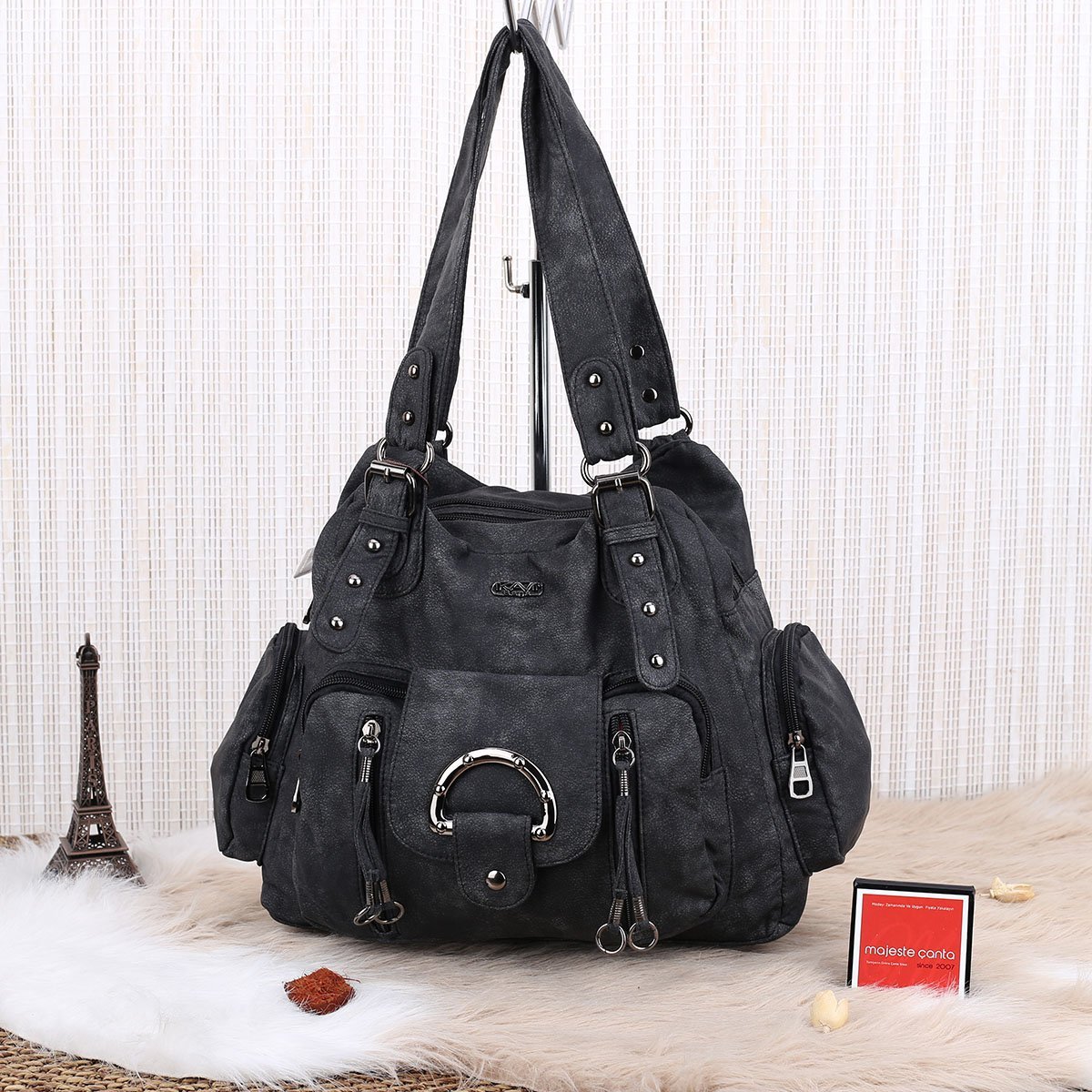 Siyah Yıkama Deri Kadın Omuz Çantası