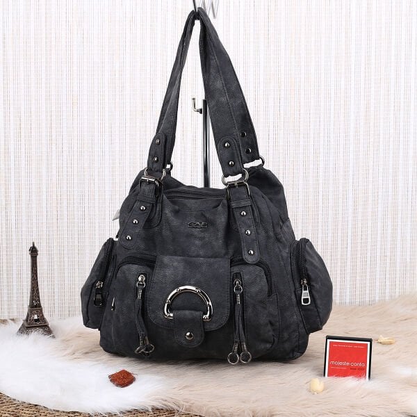 Siyah Yıkama Deri Kadın Omuz Çantası