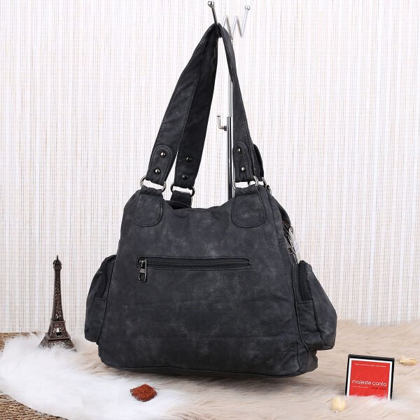 Siyah Yıkama Deri Kadın Omuz Çantası