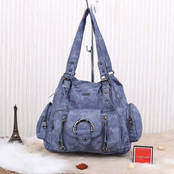 Mavi Yıkama Deri Kadın Omuz Çantası