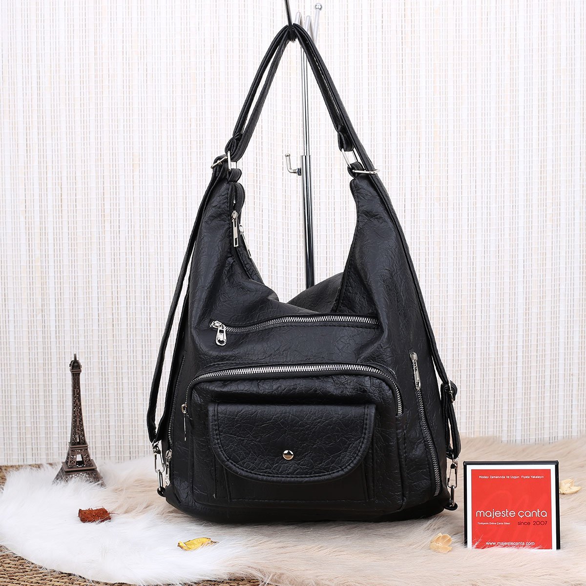 Siyah Yumuşak Deri Hem Sırt Hem Omuz Çantası