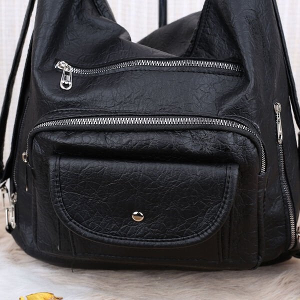 Siyah Yumuşak Deri Hem Sırt Hem Omuz Çantası