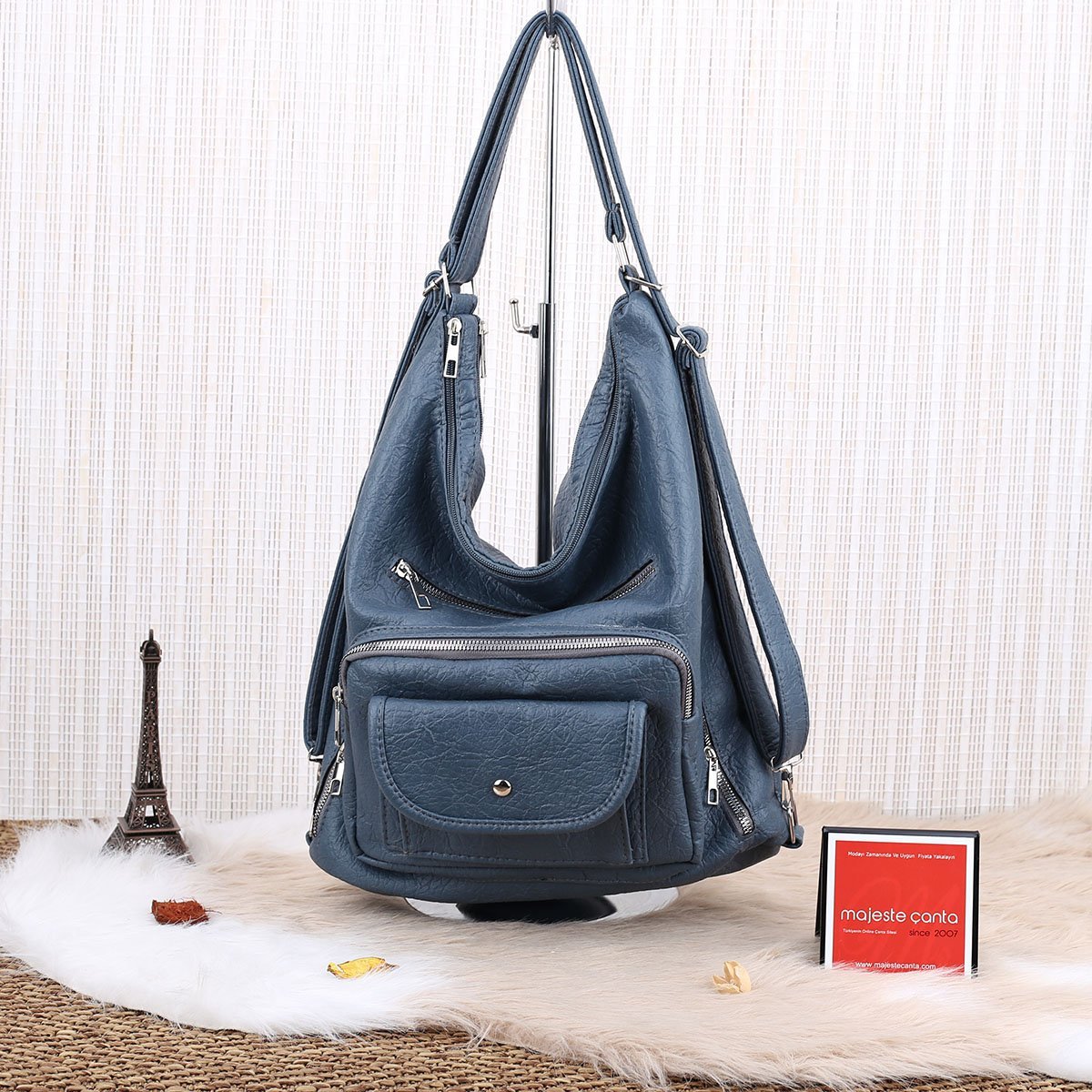 Petrol Rengi Yumuşak Deri Hem Sırt Hem Omuz Çantası