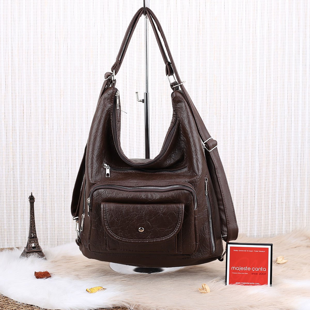 Kahve Rengi Yumuşak Deri Hem Sırt Hem Omuz Çantası