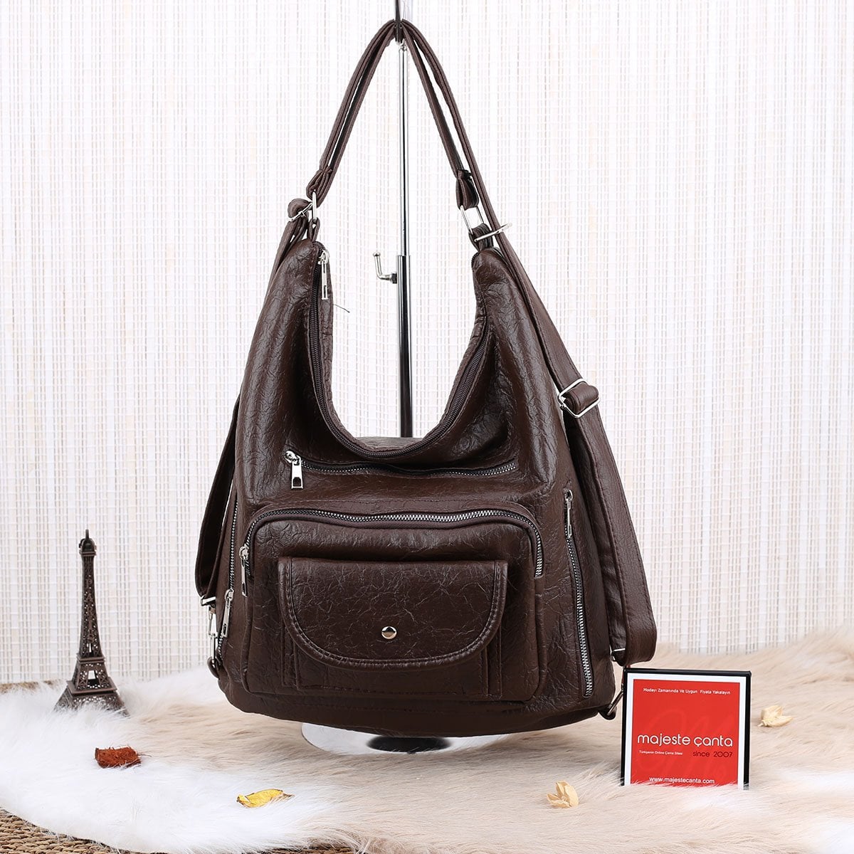 Kahve Rengi Yumuşak Deri Hem Sırt Hem Omuz Çantası
