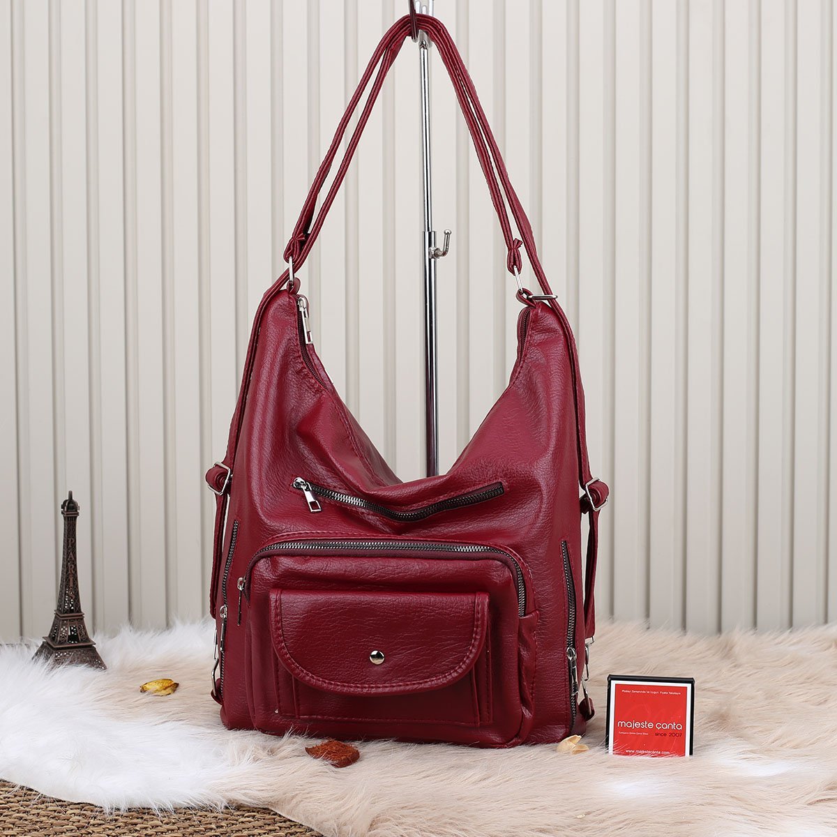 Bordo Yumuşak Deri Hem Sırt Hem Omuz Çantası