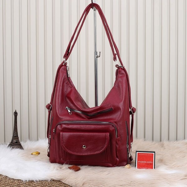 Bordo Yumuşak Deri Hem Sırt Hem Omuz Çantası