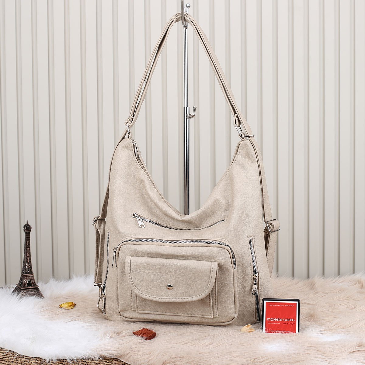 Bej Yumuşak Deri Hem Sırt Hem Omuz Çantası