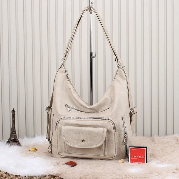 Bej Yumuşak Deri Hem Sırt Hem Omuz Çantası