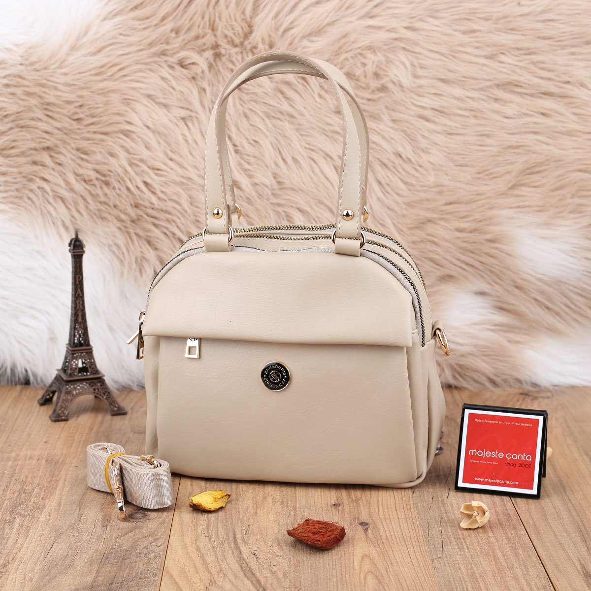 Sanmorris Günlük Üç Gözlü Bej Kadın Çanta