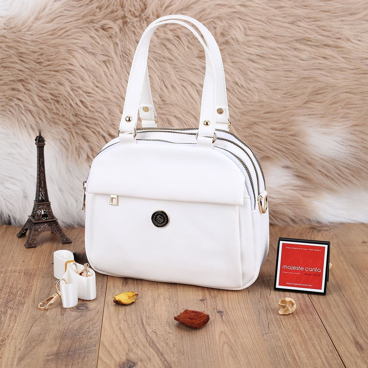 Sanmorris Günlük Üç Gözlü Beyaz Kadın Çanta