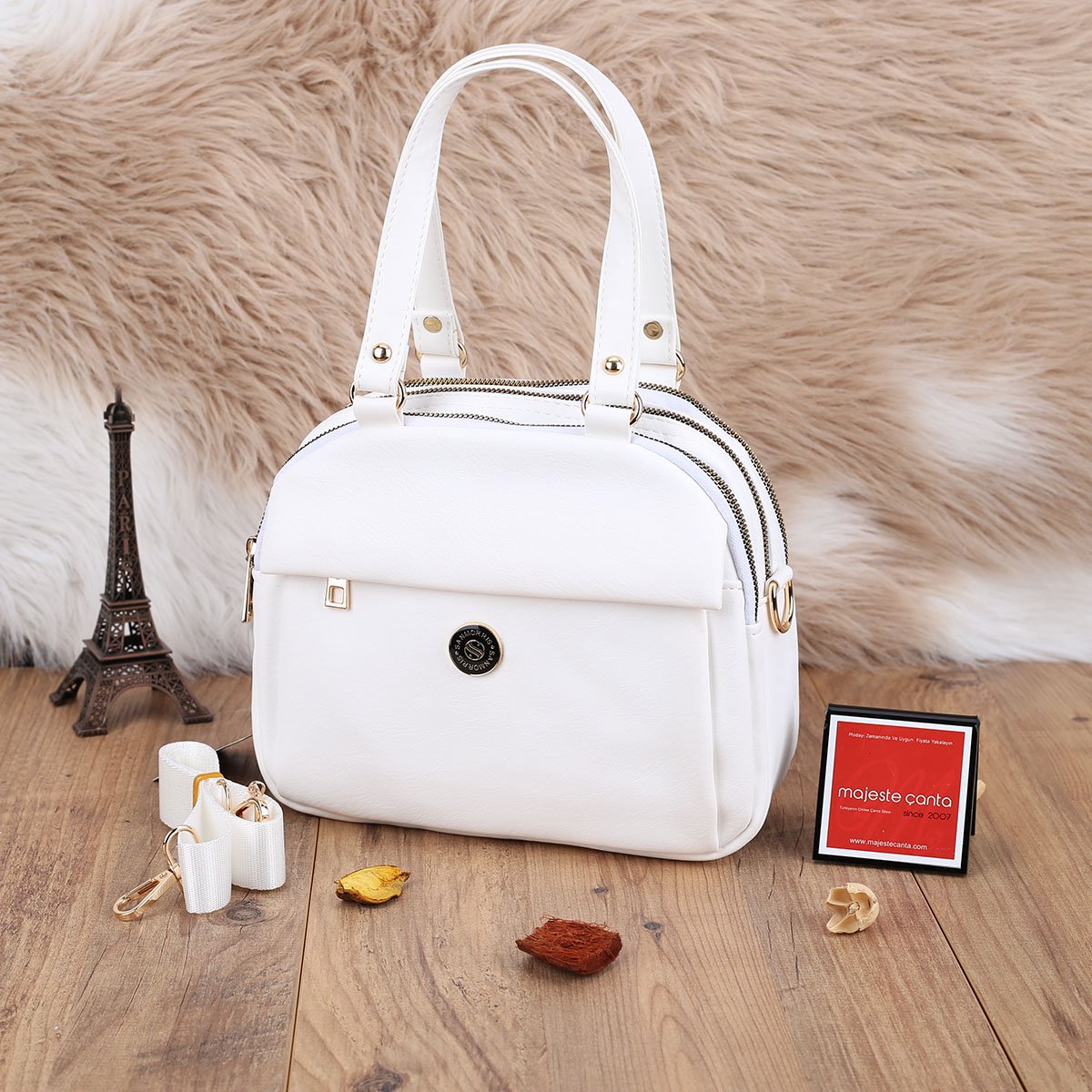 Sanmorris Günlük Üç Gözlü Beyaz Kadın Çanta