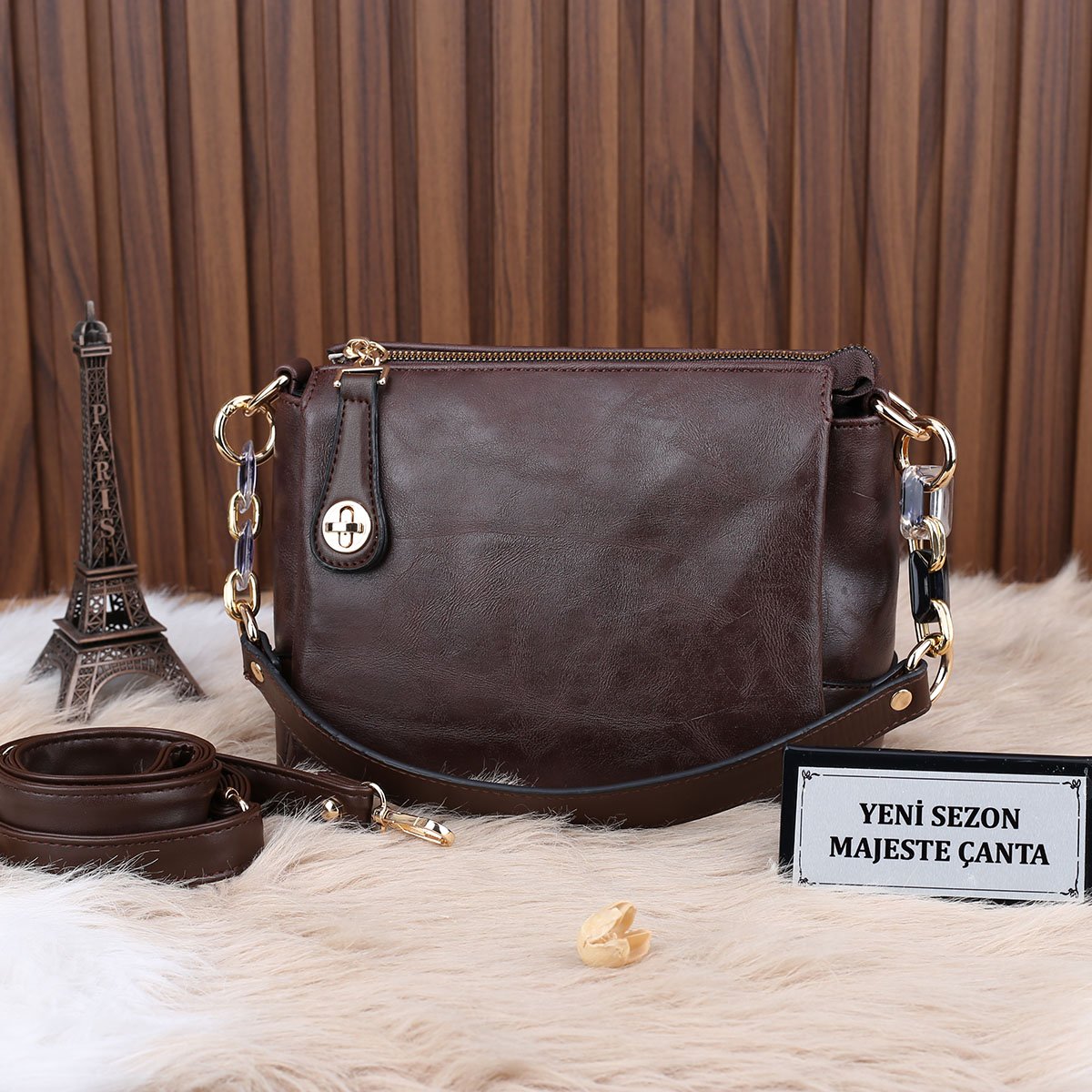 Motto Kahverengi 3 Gözlü Zincirli Kadın Omuz Çantası