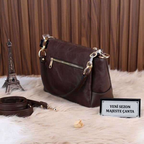 Motto Kahverengi 3 Gözlü Zincirli Kadın Omuz Çantası