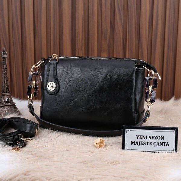 Motto Siyah 3 Gözlü Zincirli Kadın Omuz Çantası
