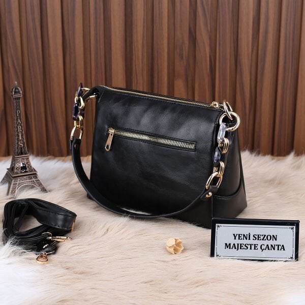 Motto Siyah 3 Gözlü Zincirli Kadın Omuz Çantası