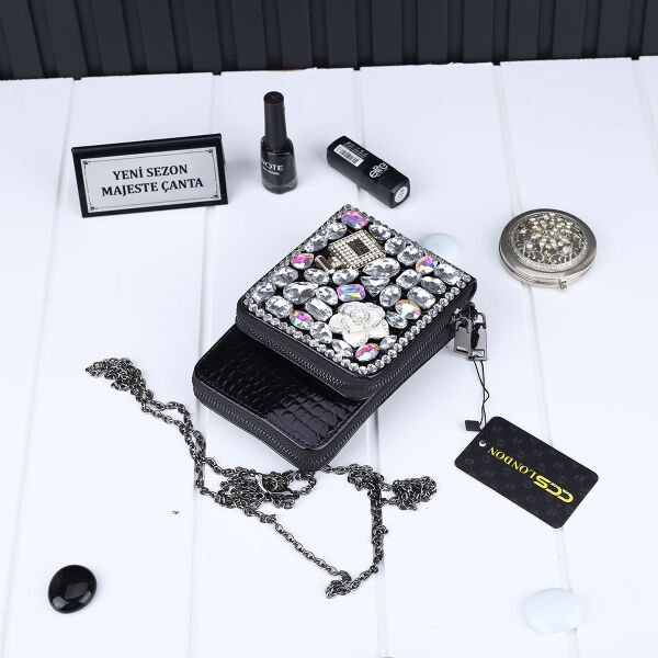 Ççs London Siyah Taşlı Hem Cüzdan Hem Yandan Asmalı Çanta
