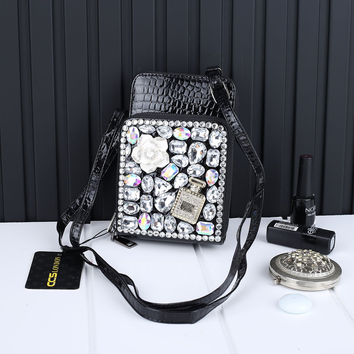 Ççs London Siyah Taşlı Hem Cüzdan Hem Yandan Asmalı Çanta