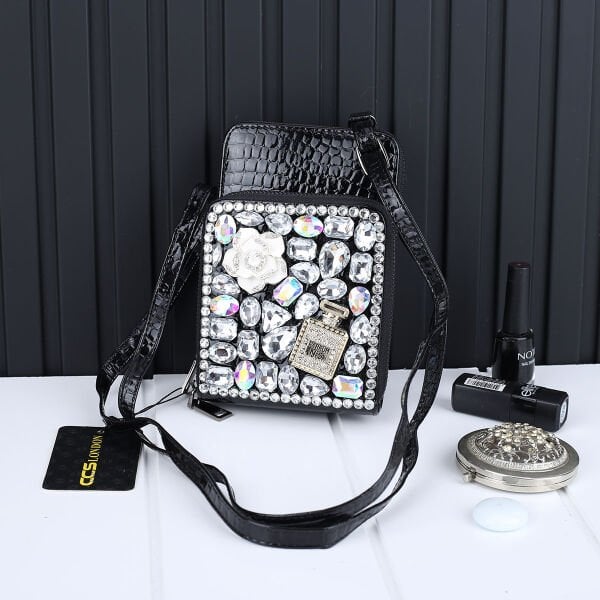 Ççs London Siyah Taşlı Hem Cüzdan Hem Yandan Asmalı Çanta