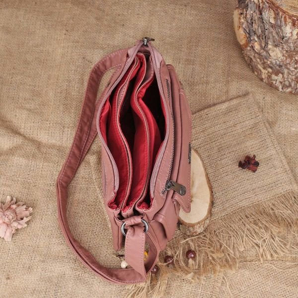 Yıkama Deri Çok Gözlü Yandan Asmalı Pembe Çanta