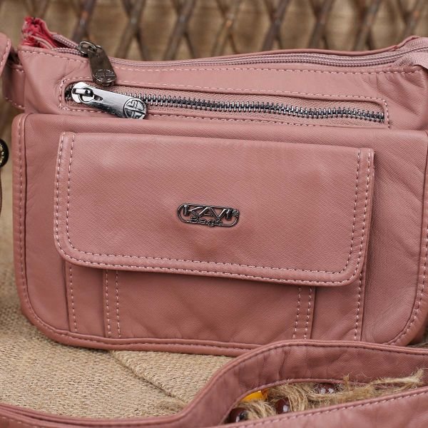 Yıkama Deri Çok Gözlü Yandan Asmalı Pembe Çanta