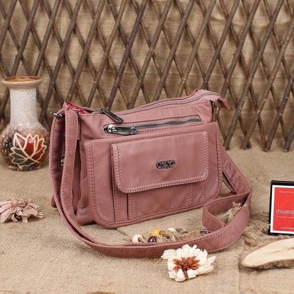 Yıkama Deri Çok Gözlü Yandan Asmalı Pembe Çanta