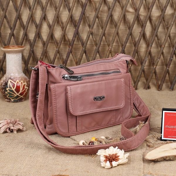 Yıkama Deri Çok Gözlü Yandan Asmalı Pembe Çanta