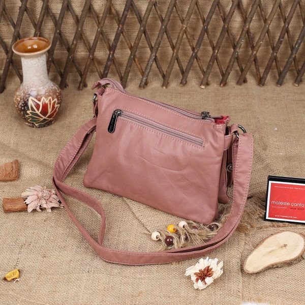 Yıkama Deri Çok Gözlü Yandan Asmalı Pembe Çanta