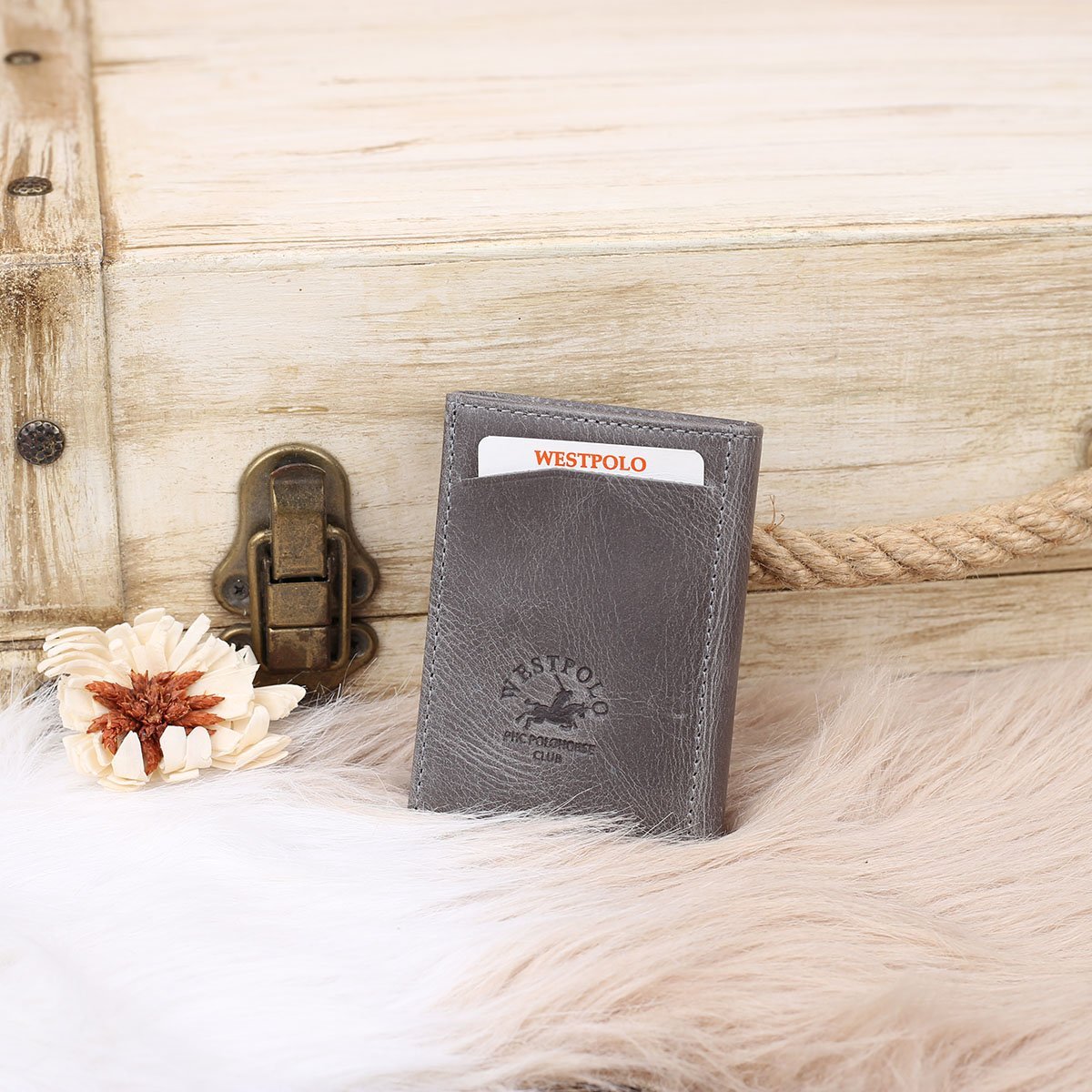 West Polo Hakiki Deri Mekanizmalı Gri Cüzdan
