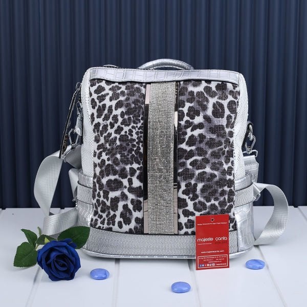 Gümüş Leopar Desenli Taşlı Sırt Çantası
