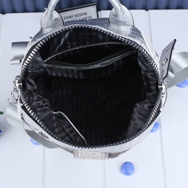 Gümüş Leopar Desenli Taşlı Sırt Çantası